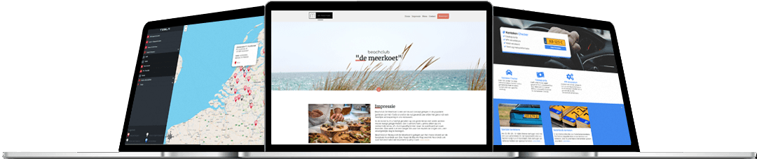 Drie laptops met illustraties van Tesla Superchargers app, de Meerkoet website en Kenteken Checker App